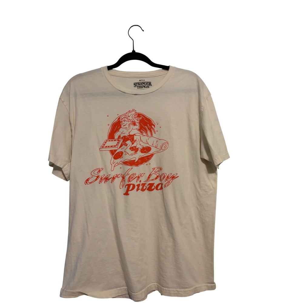 Netflix Stranger Things T-Shirt Surfer Boy Pizza White Graphic Tee Large
